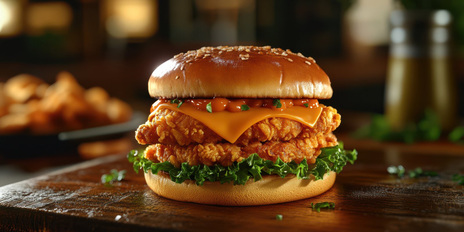 Crispy fried chicken sandwich stacked with cheese and lettuce on a sesame seed bun